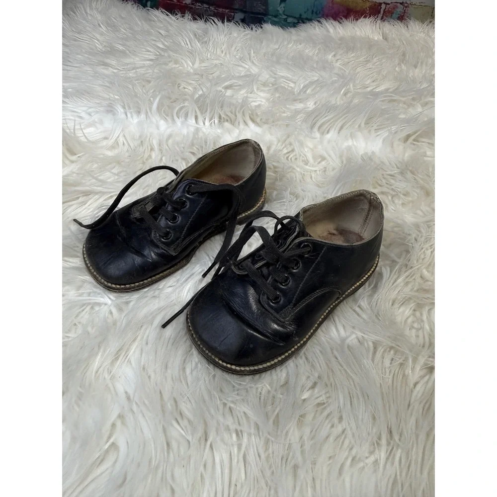 Vintage Black Leather Toddler Lace Up Oxford Shoes Classic Round Toe Flat Sole